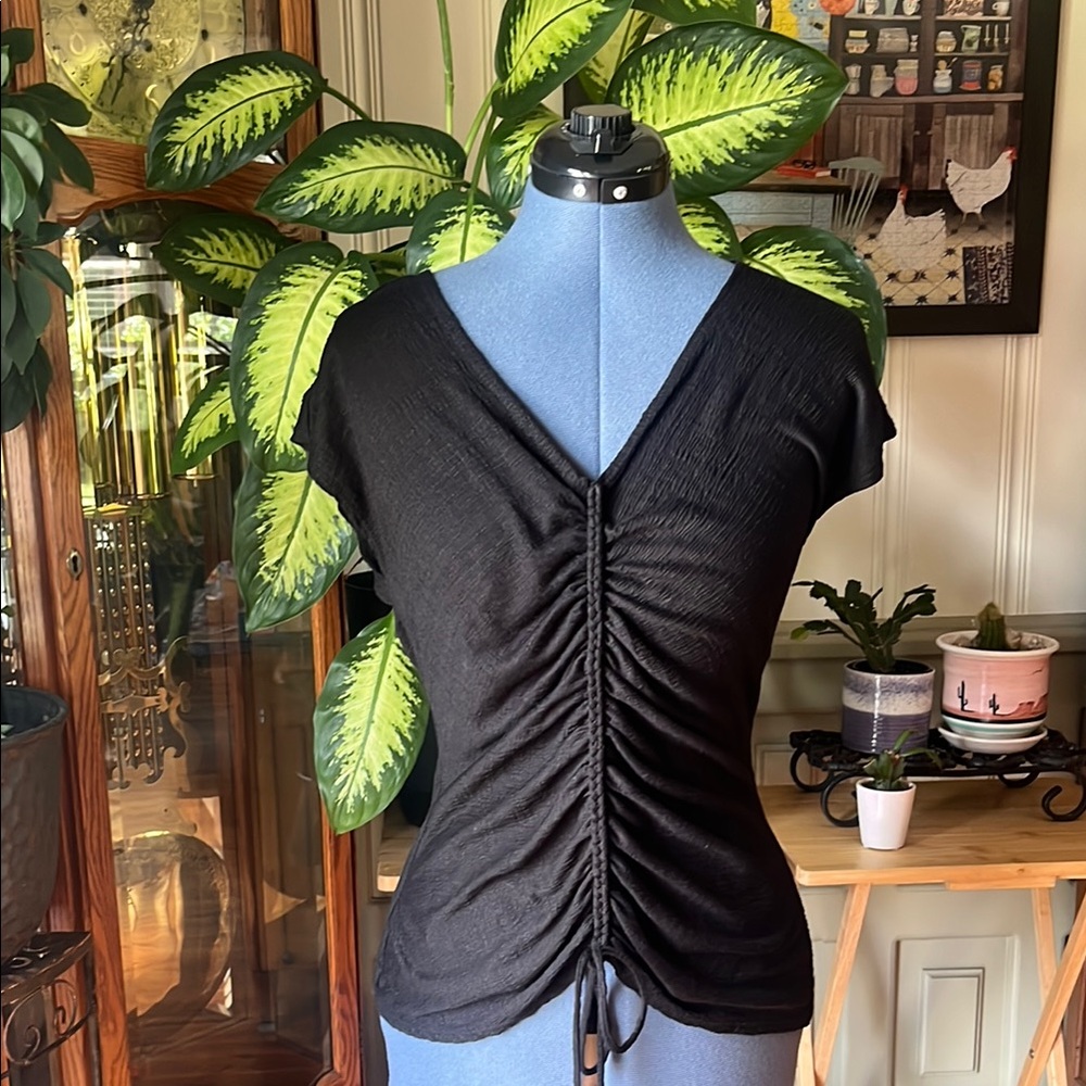Max Studio Black Ruched V-Neck Top